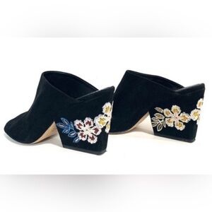Tory Burch black suede clogs with heel flower embroidery